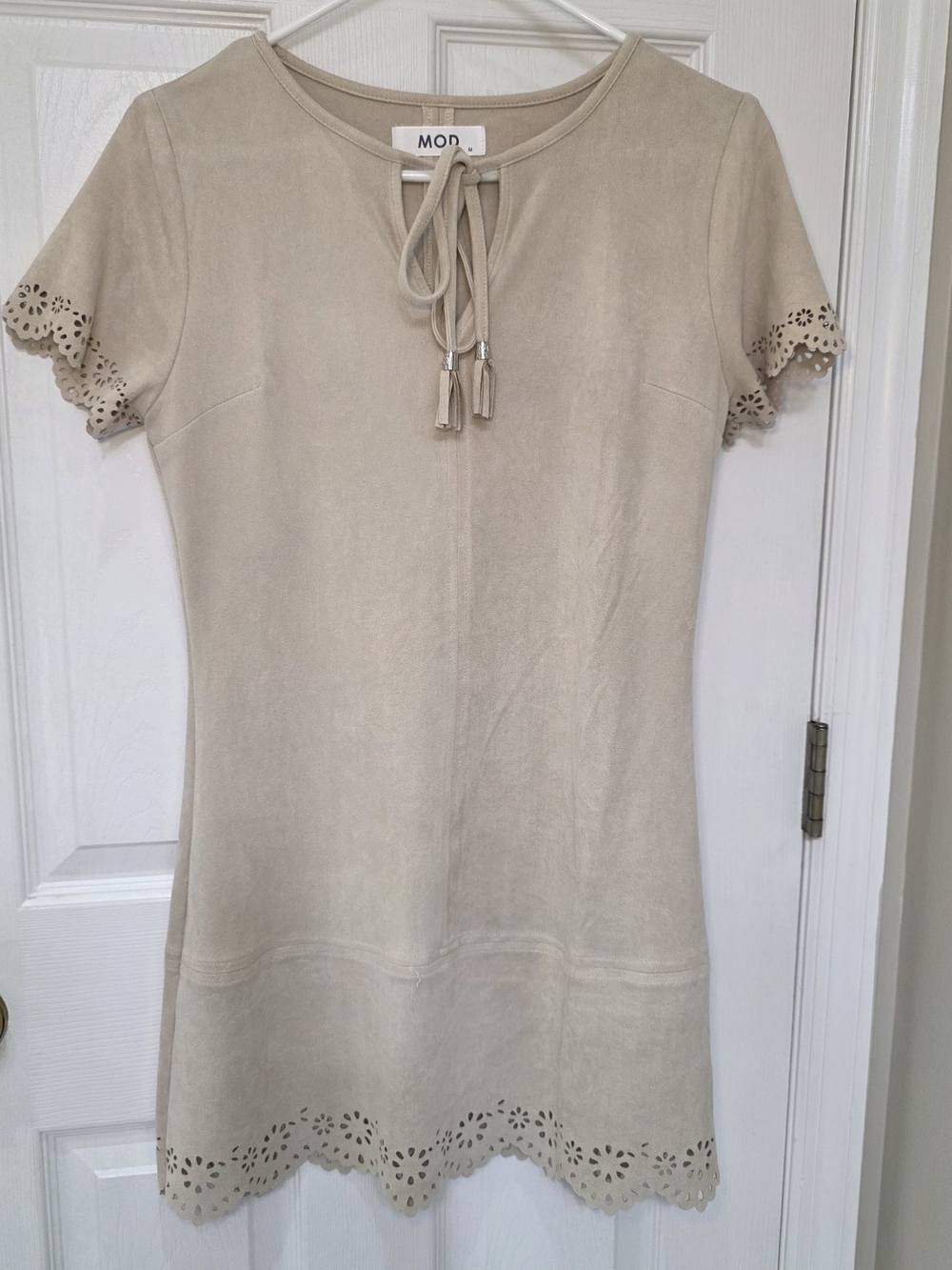 Beige Suede-Look Tie-Neck Mini Dress